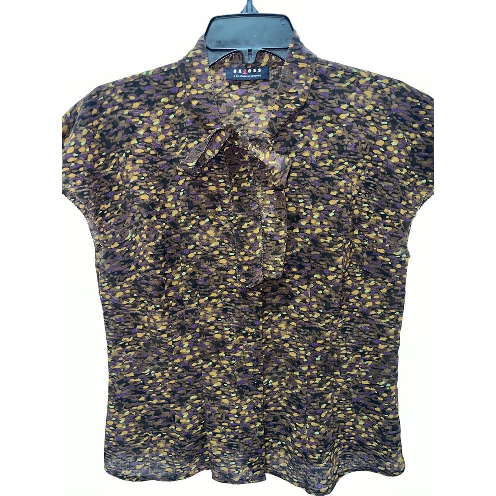 Axcess By Liz Claiborne Shirt Women's 8 Brown Multicolor Short Sleeve Blouse
